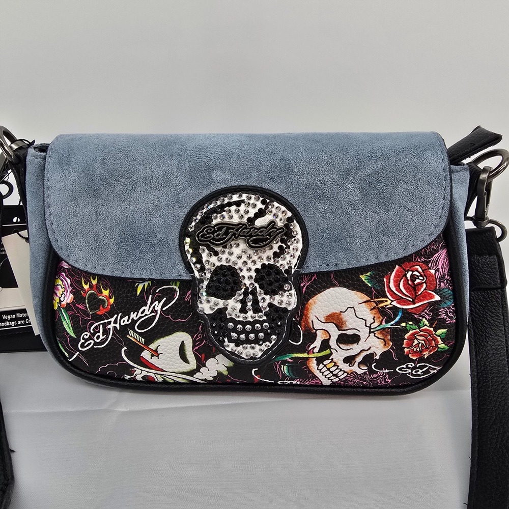 Ed Hardy Rhinestone Skull Tattoo Print Vegan Leather Crossbody Bag Blue Black - Picture 2 of 8